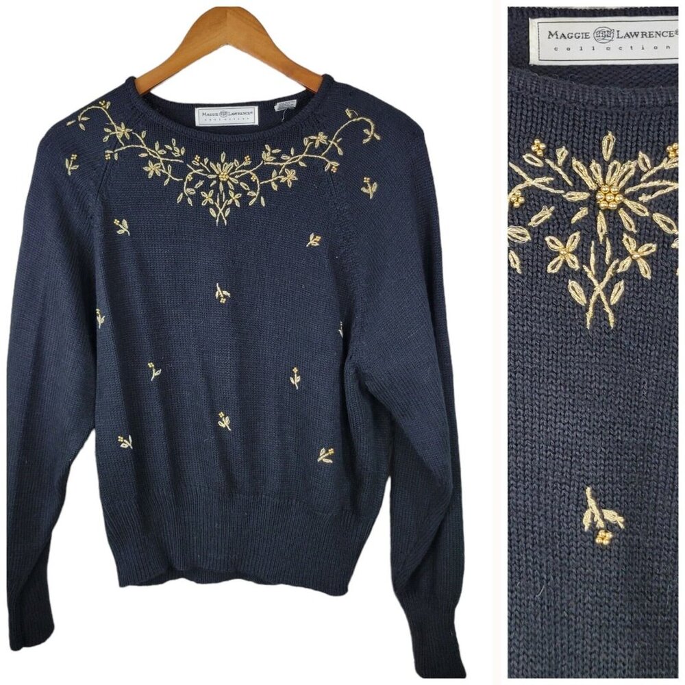 Vintage 80/90s Sweater Size Large Metallic Embroidered Floral Beaded Granny
